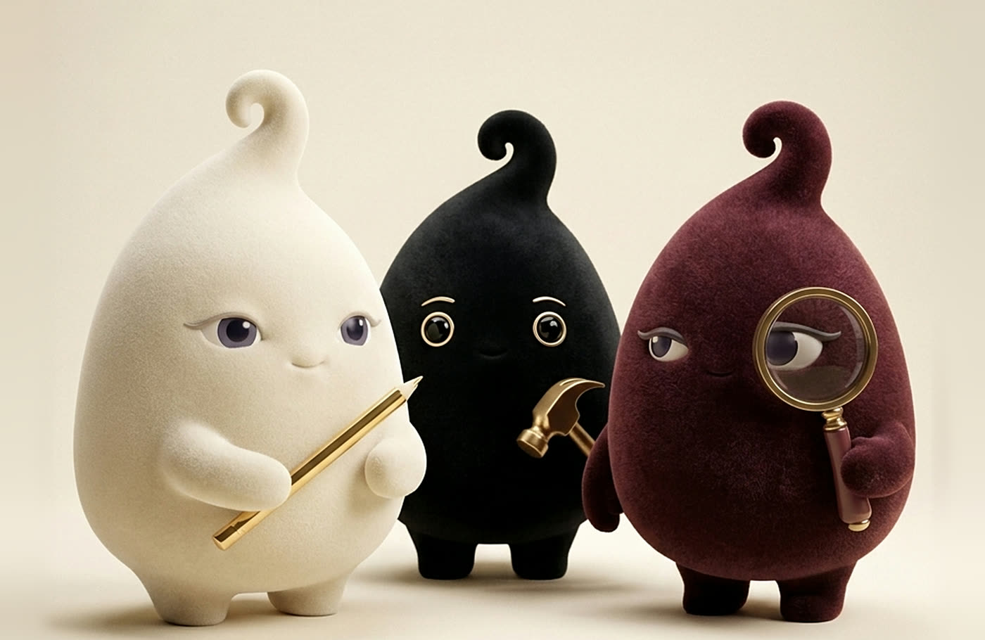 The three Skribo helpers, small felt figures: the ivory Planner holding a gold pen, the black Builder holding a hammer, and the maroon Second Opinion looking through a magnifying glass.